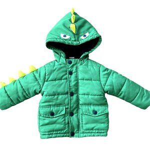 Little Me Green Dinosaur Quilted Puffer Coat W/Hood Size 12 Months